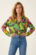 Multi Green Vibrant Tropical Print Button-Up Shirt in satin fabric