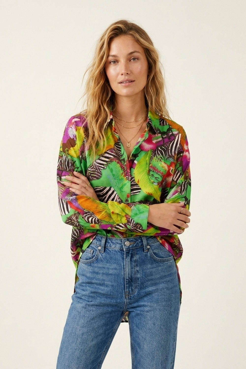 Multi Green Vibrant Tropical Print Button-Up Shirt in satin fabric
