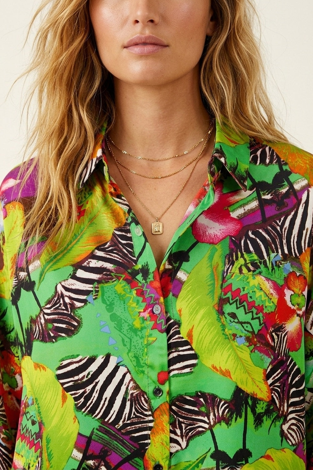 Multi Green Vibrant Tropical Print Button-Up Shirt in satin fabric