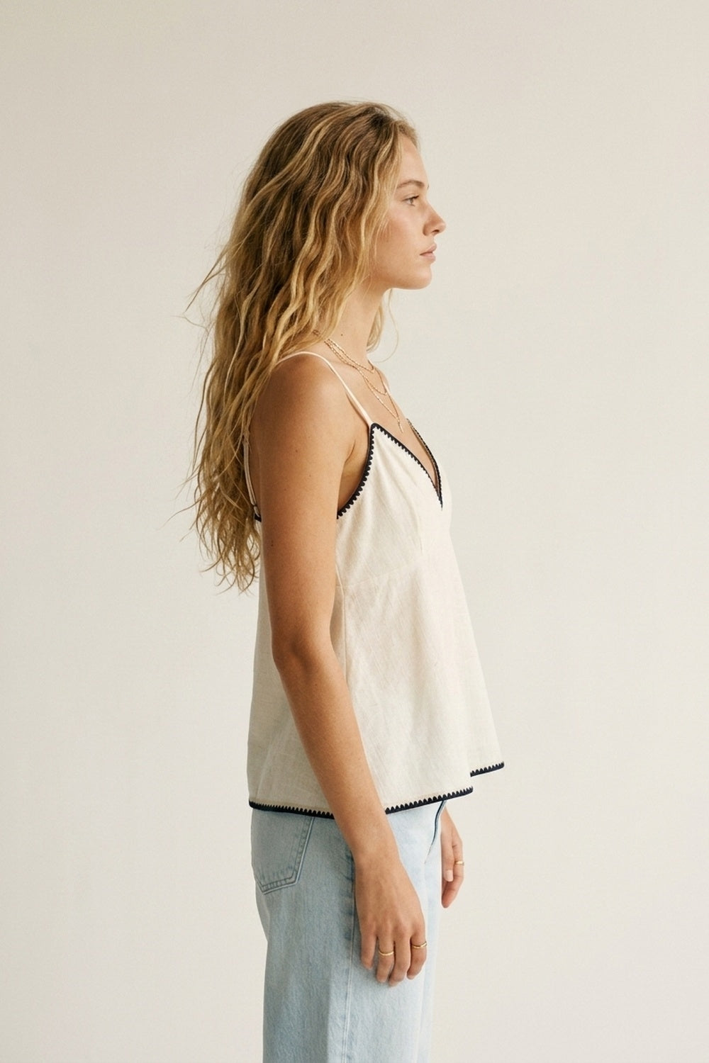 white Lightweight Cami with zig-zag navy Trim