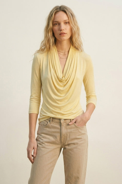 butter yellow front draped top with 3/4 sleeve — view 1 of 6