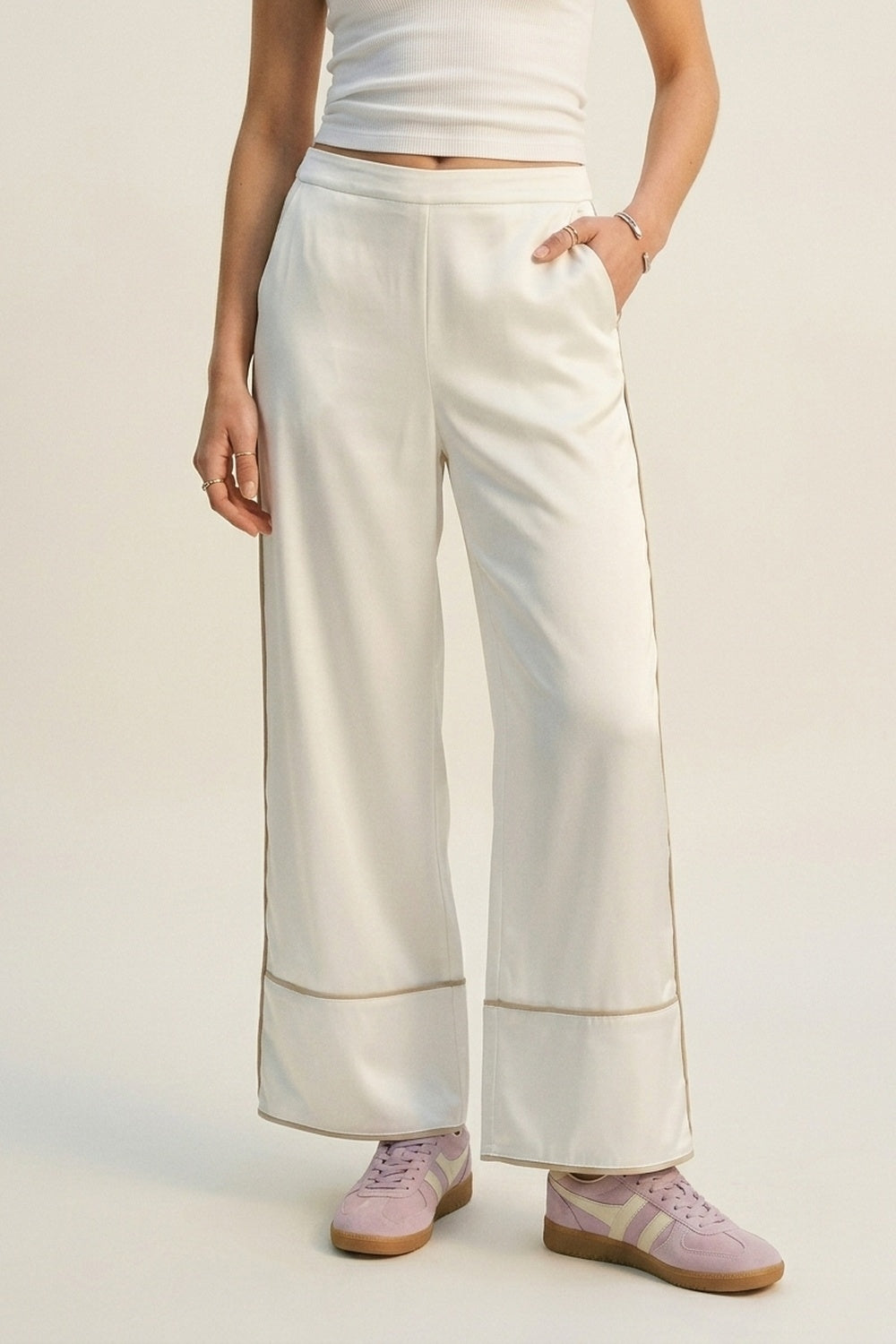 Ivory Satin Wide-Leg Kimono Trousers