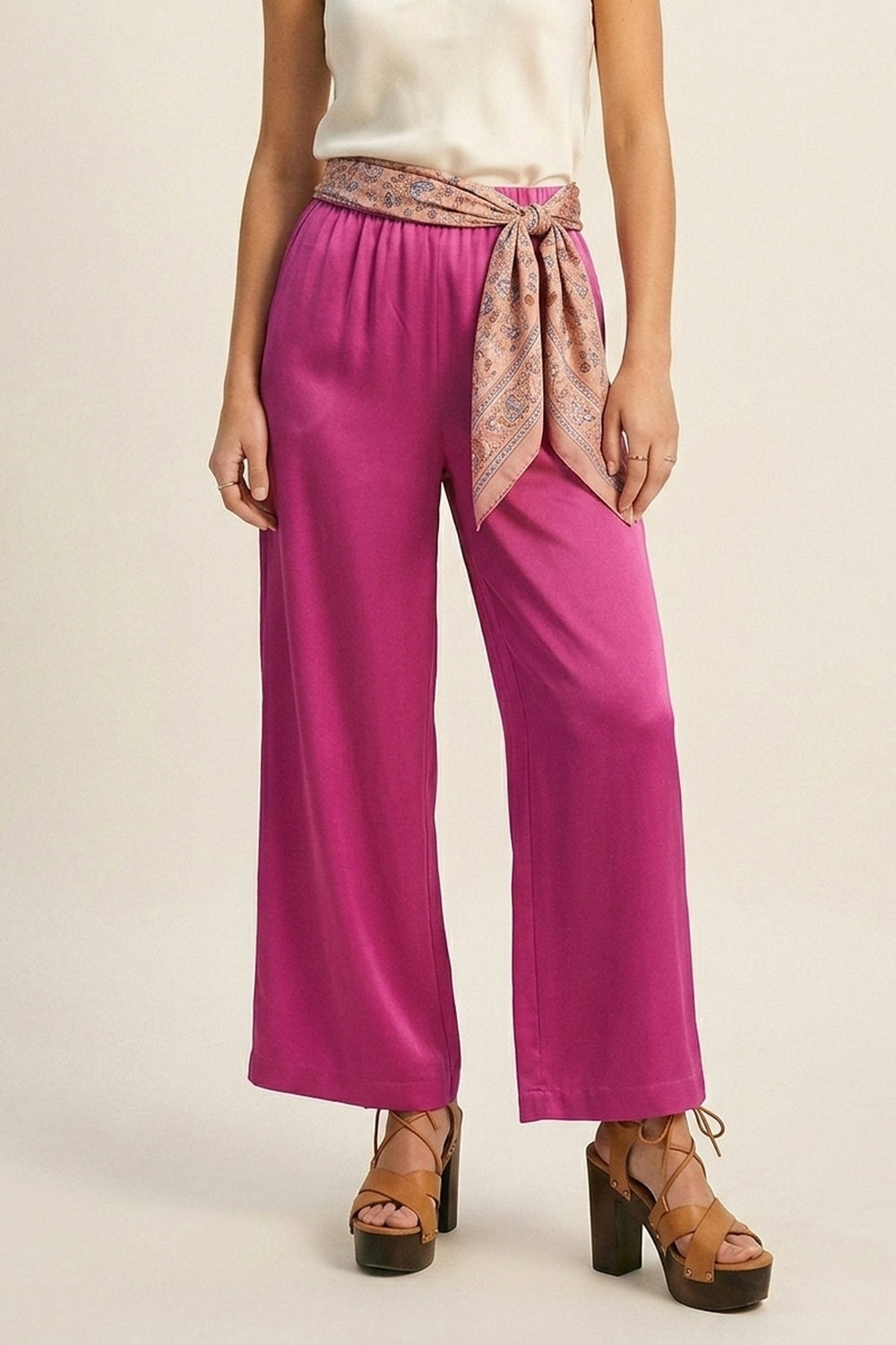 Fuchsia Lightweight Satin Wide Leg Elastic Waist Pants