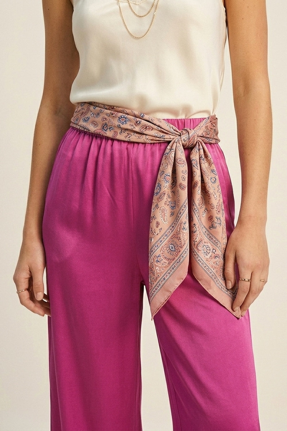 Fuchsia Lightweight Satin Wide Leg Elastic Waist Pants