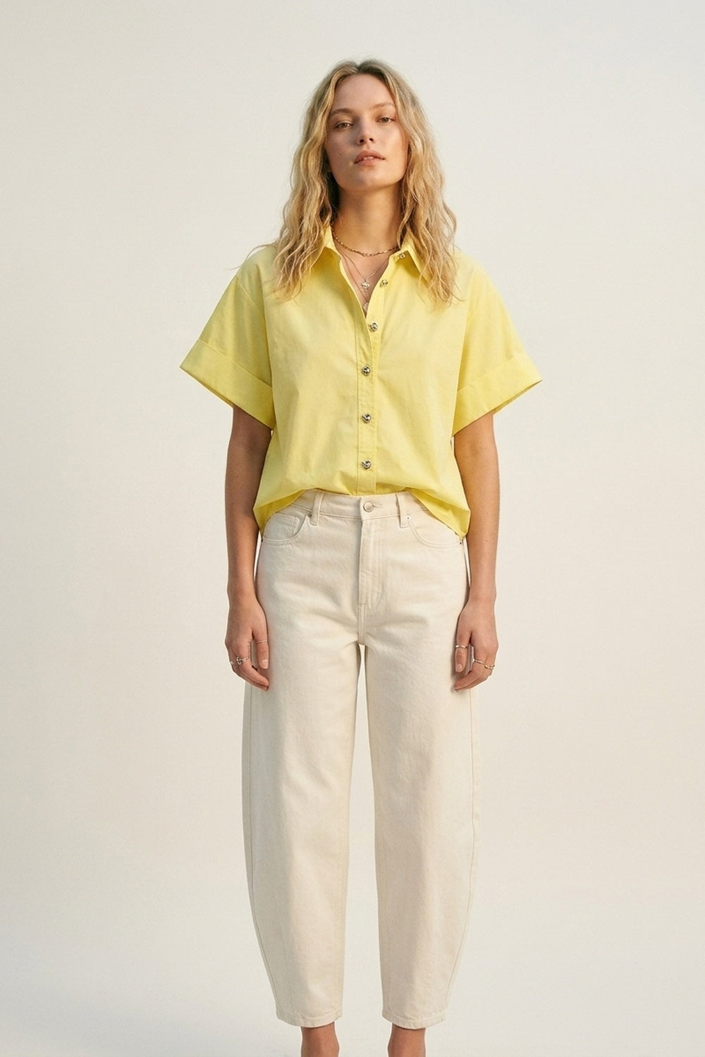 Yellow Short-Sleeve Kimono Shirt with silver buttons