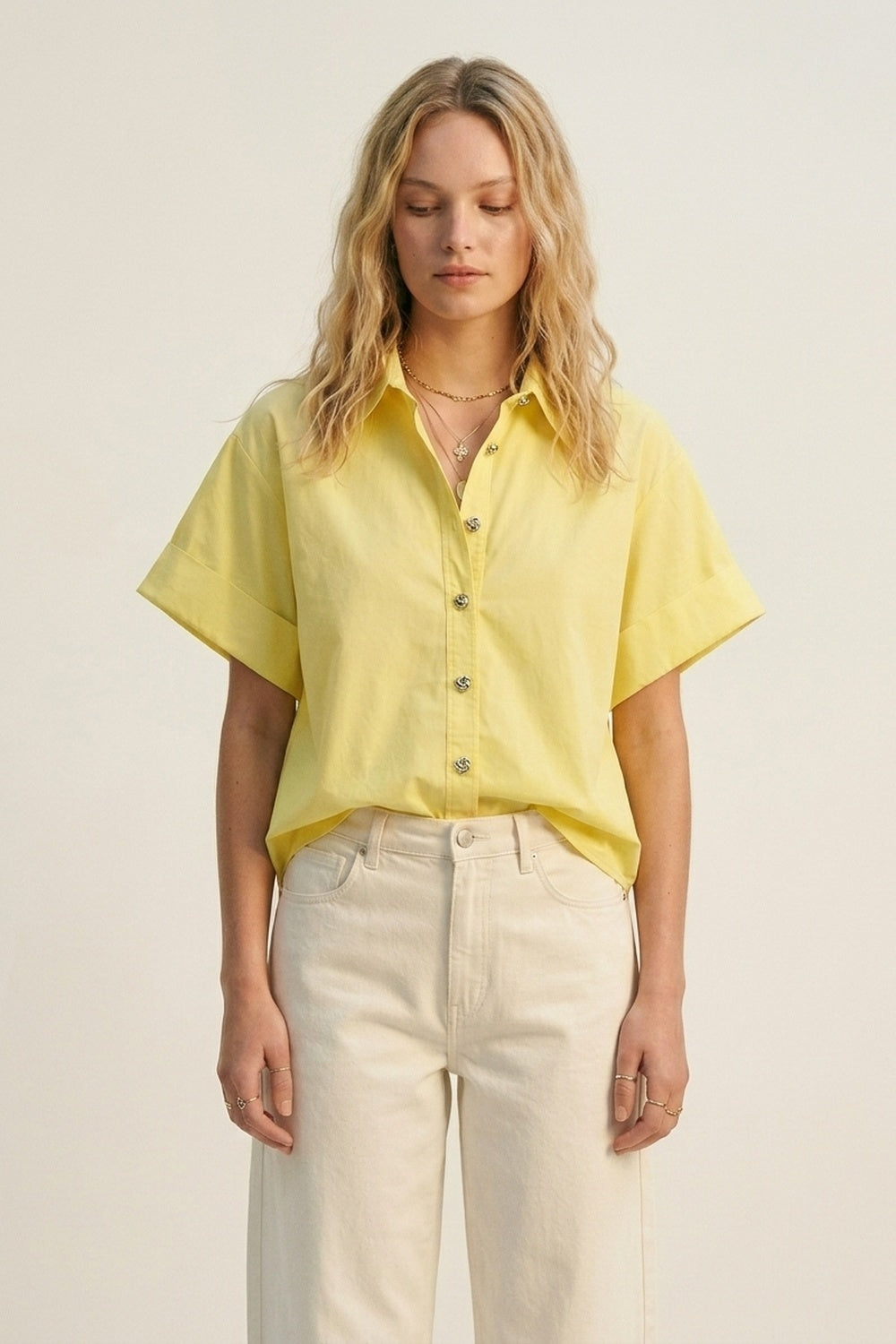 Yellow Short-Sleeve Kimono Shirt with silver buttons
