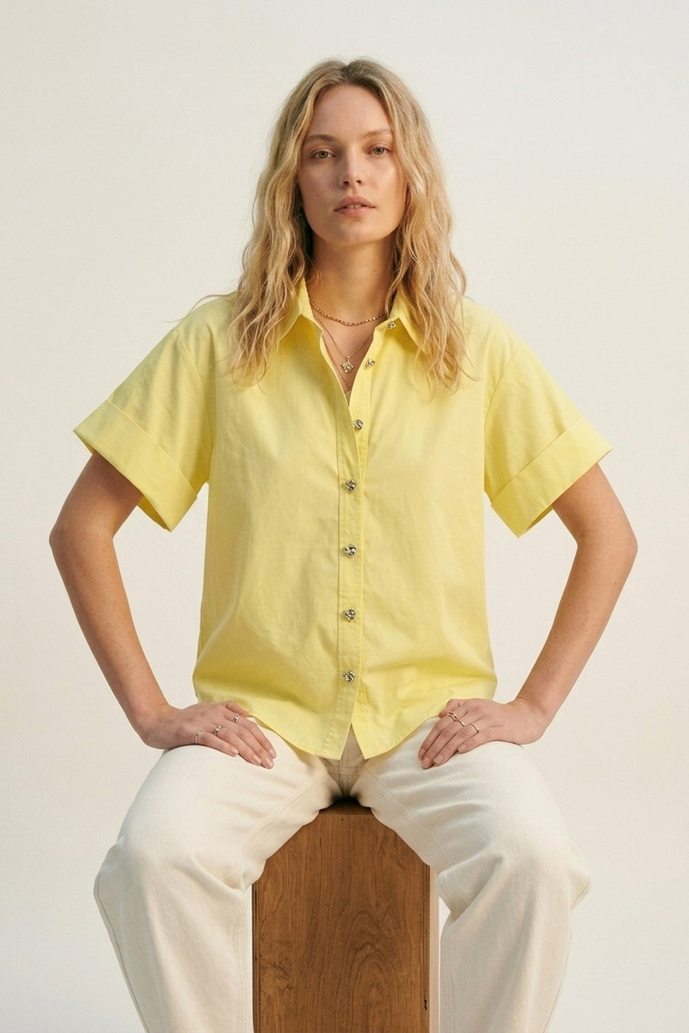 Yellow Short-Sleeve Kimono Shirt with silver buttons