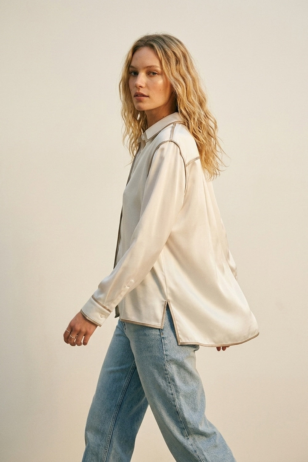 Cream Satin Button-Down Shirt with Contrast Trim