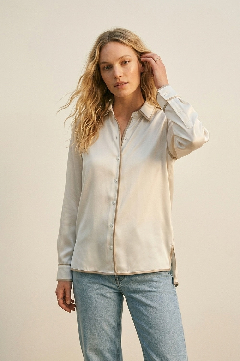 Cream Satin Button-Down Shirt with Contrast Trim
