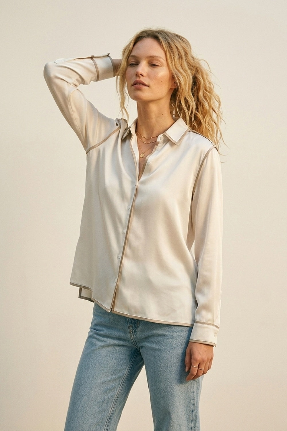 Cream Satin Button-Down Shirt with Contrast Trim