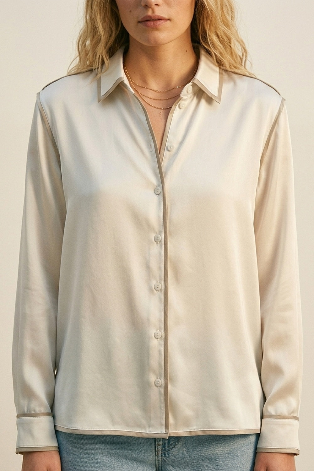 Cream Satin Button-Down Shirt with Contrast Trim