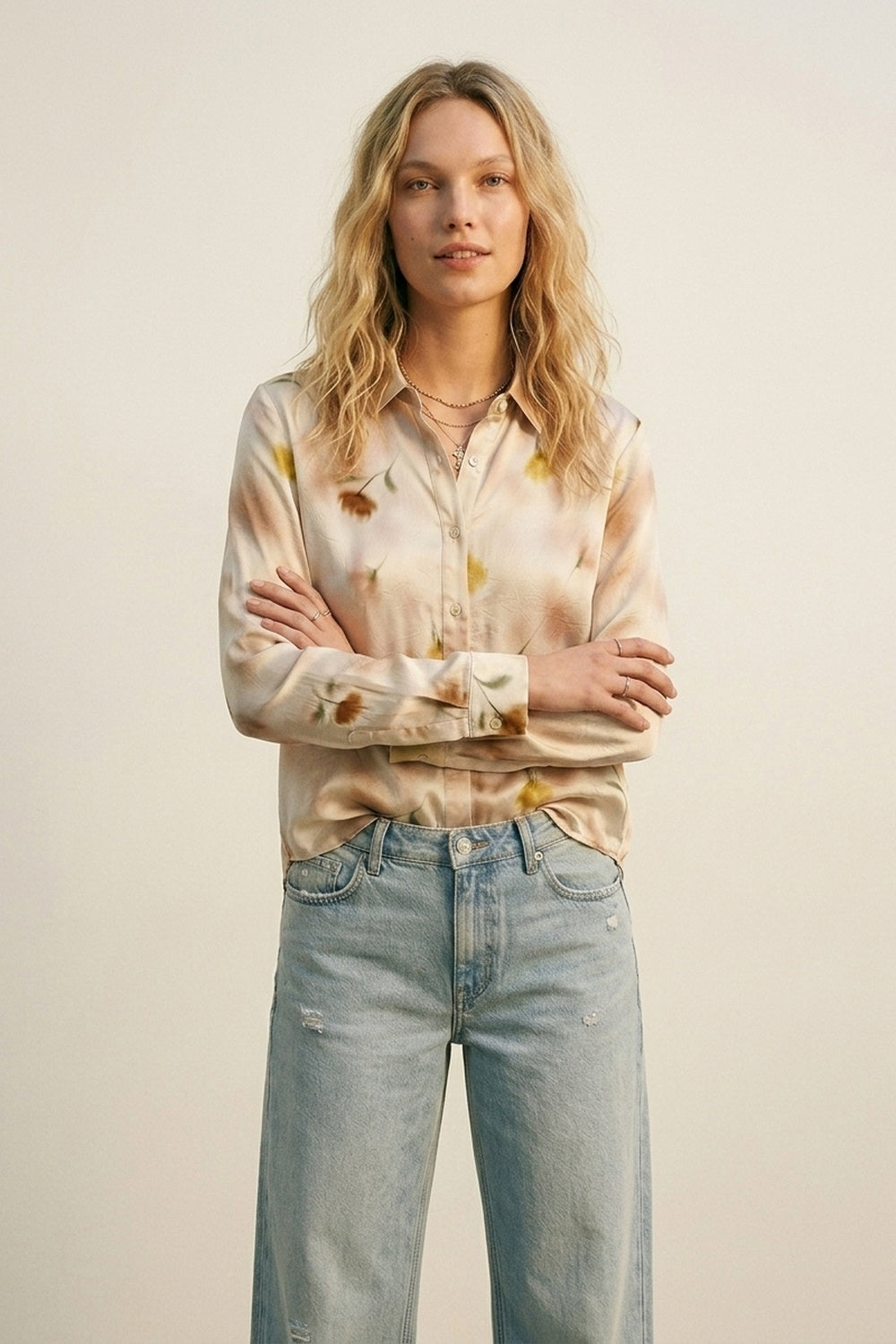 Beige Floral Satin Button-Down Shirt