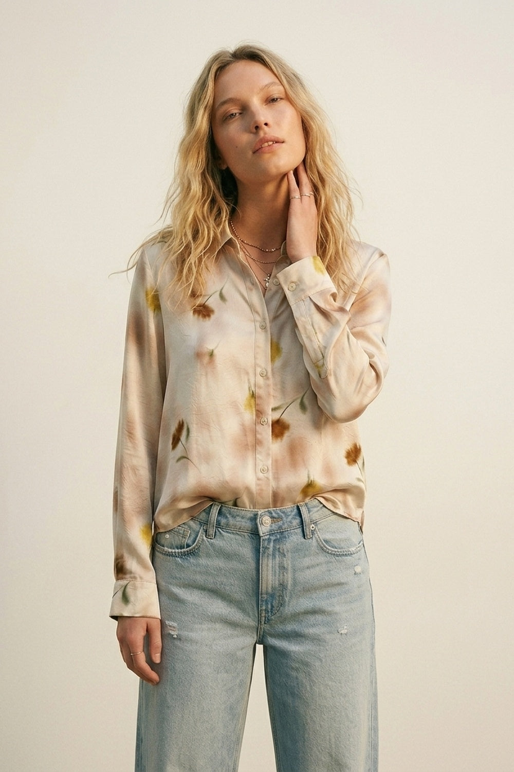 Beige Floral Satin Button-Down Shirt