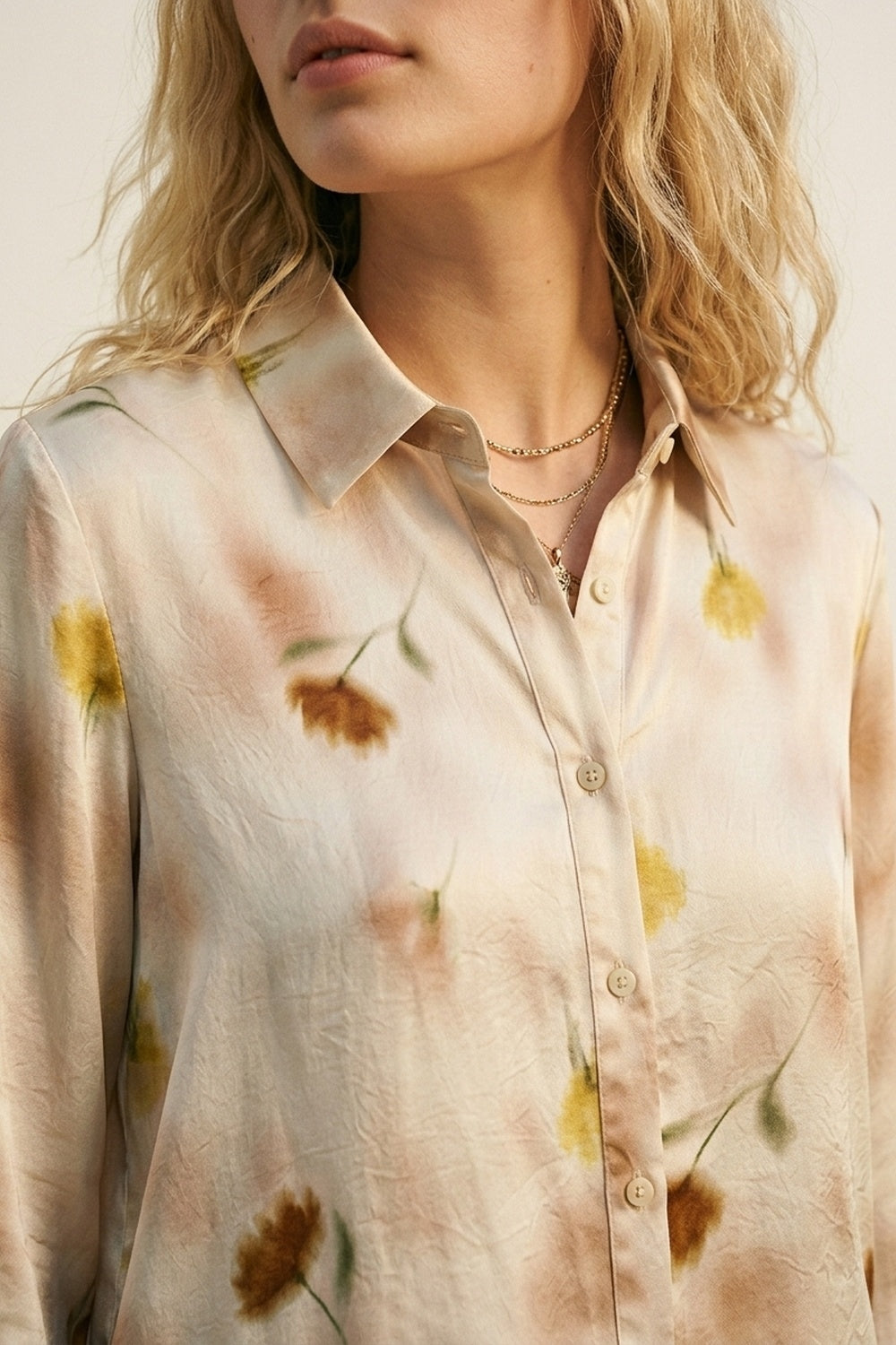 Beige Floral Satin Button-Down Shirt