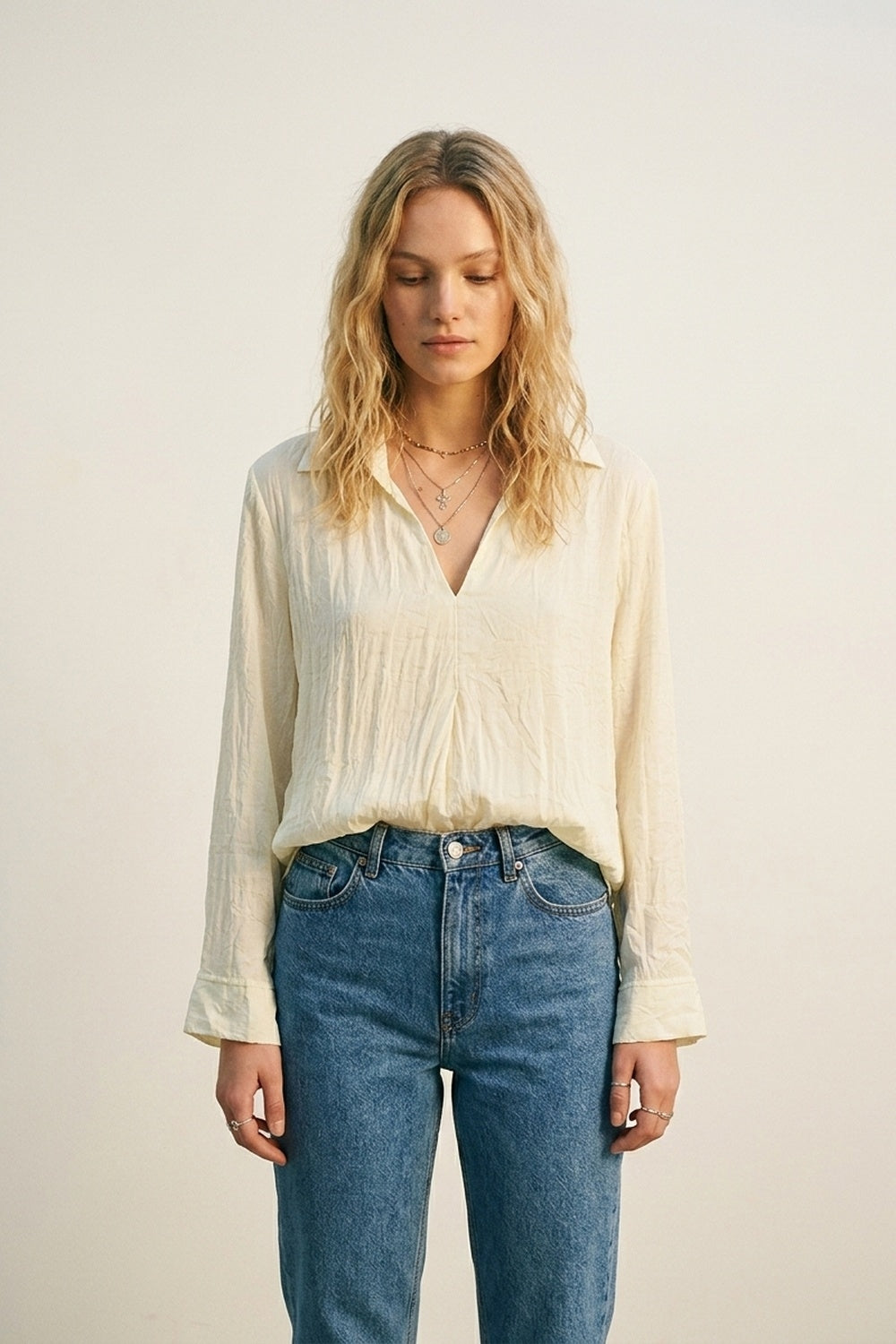 Cream Relaxed Fit Tunic Shirt with sheer fabric