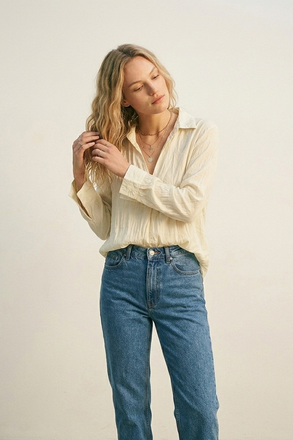 Cream Relaxed Fit Tunic Shirt with sheer fabric