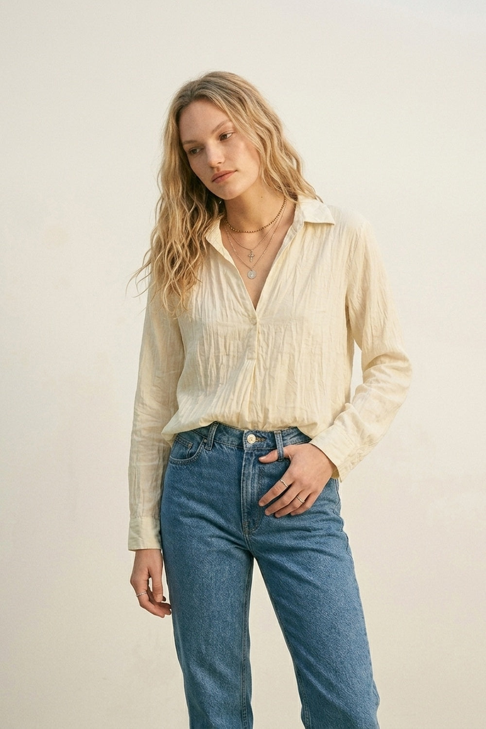 Cream Relaxed Fit Tunic Shirt with sheer fabric