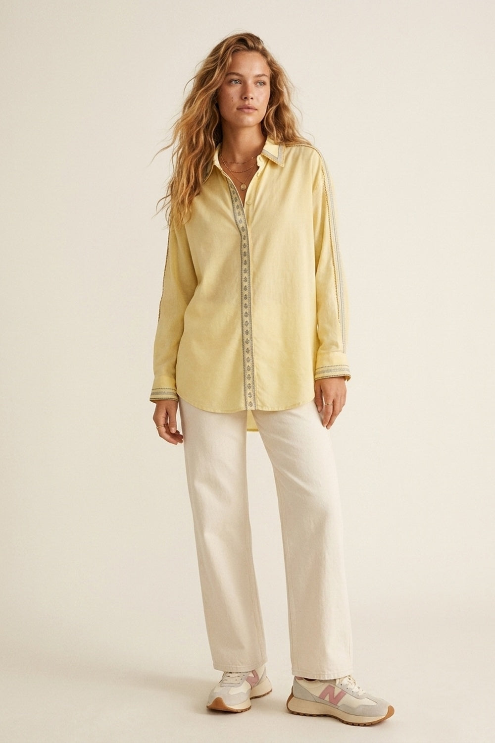 Yellow Oversize Shirt with Embroidered Trim Details