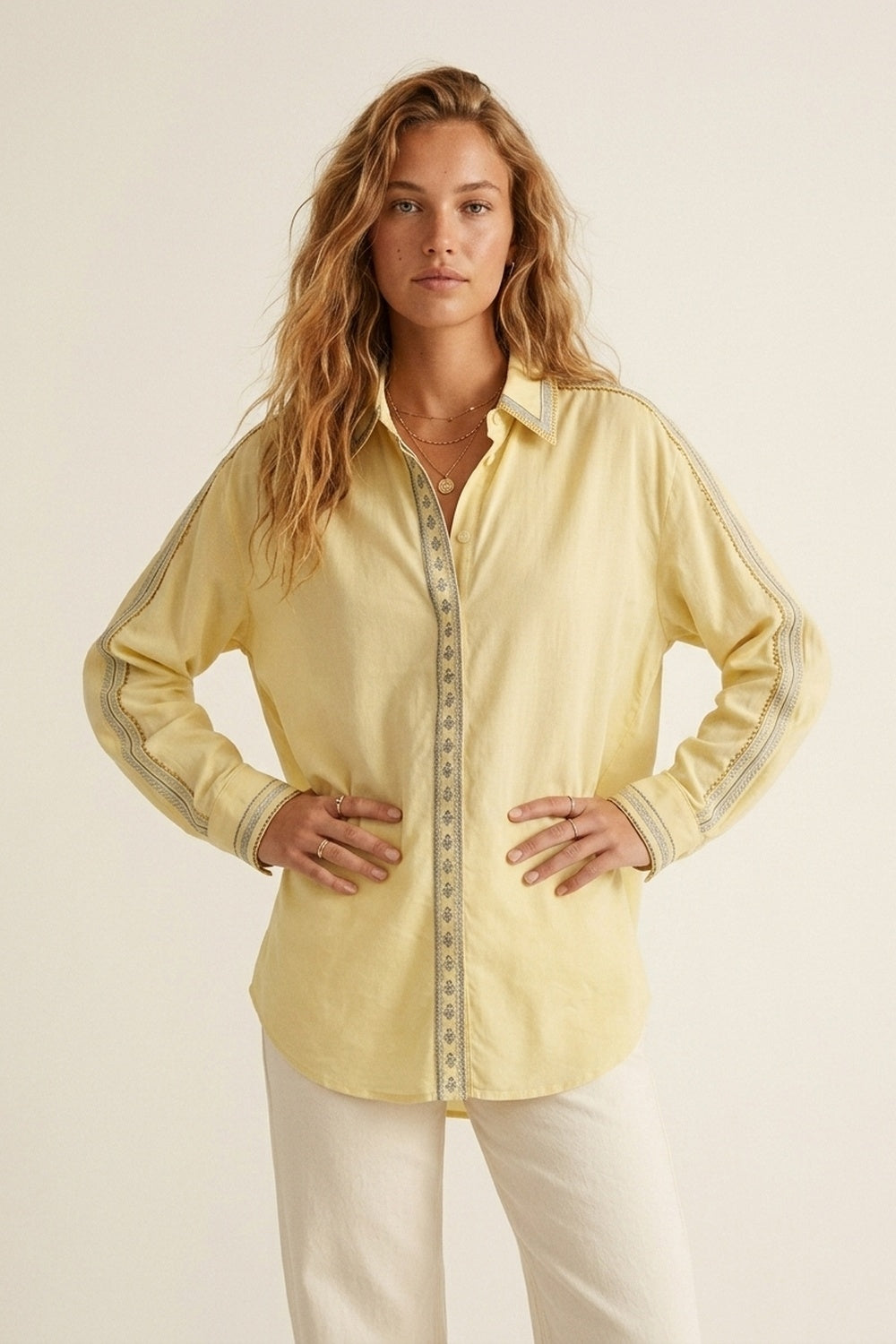 Yellow Oversize Shirt with Embroidered Trim Details