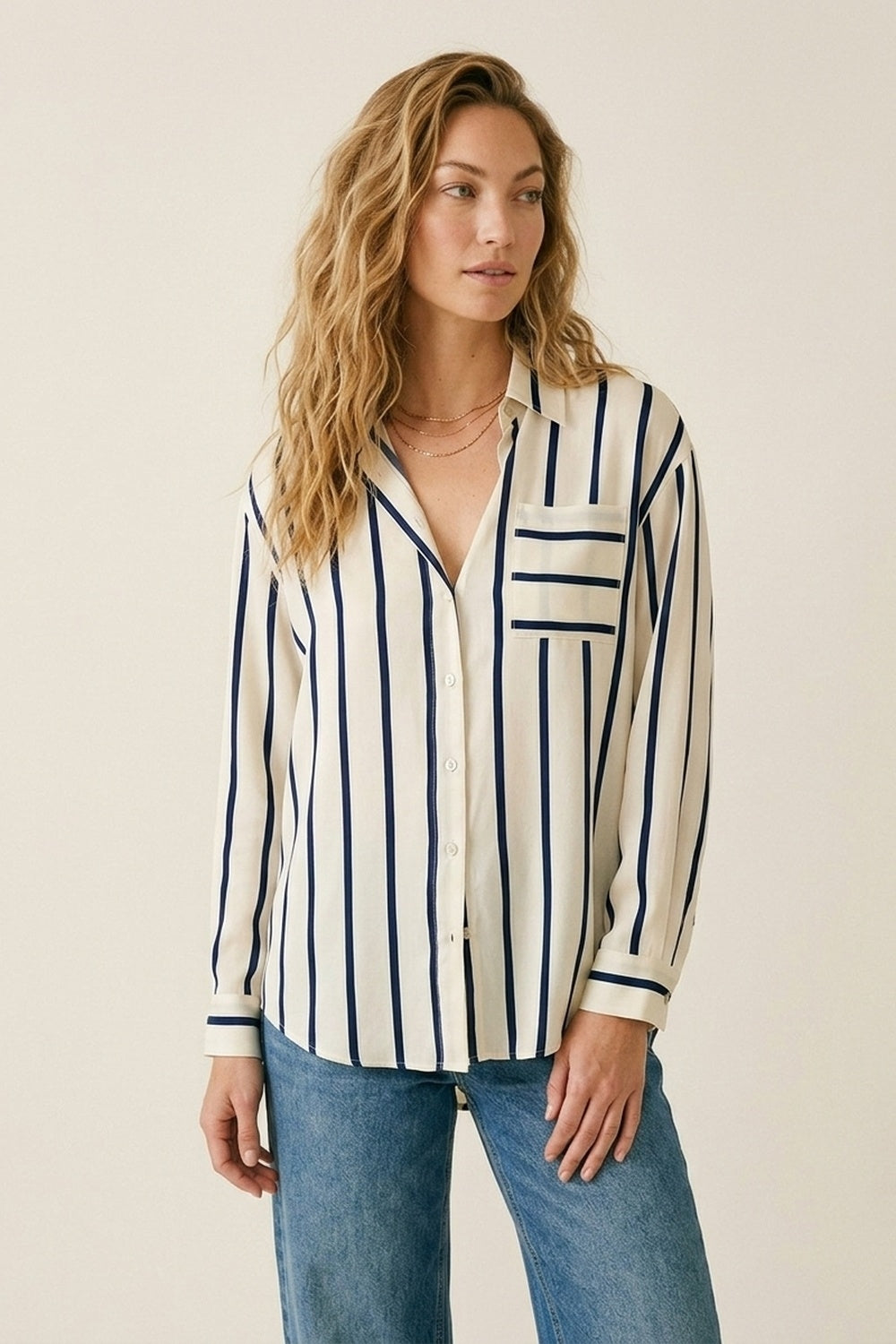 Cream Stripe Relaxed Fit Shirt in satin fabric with pocket