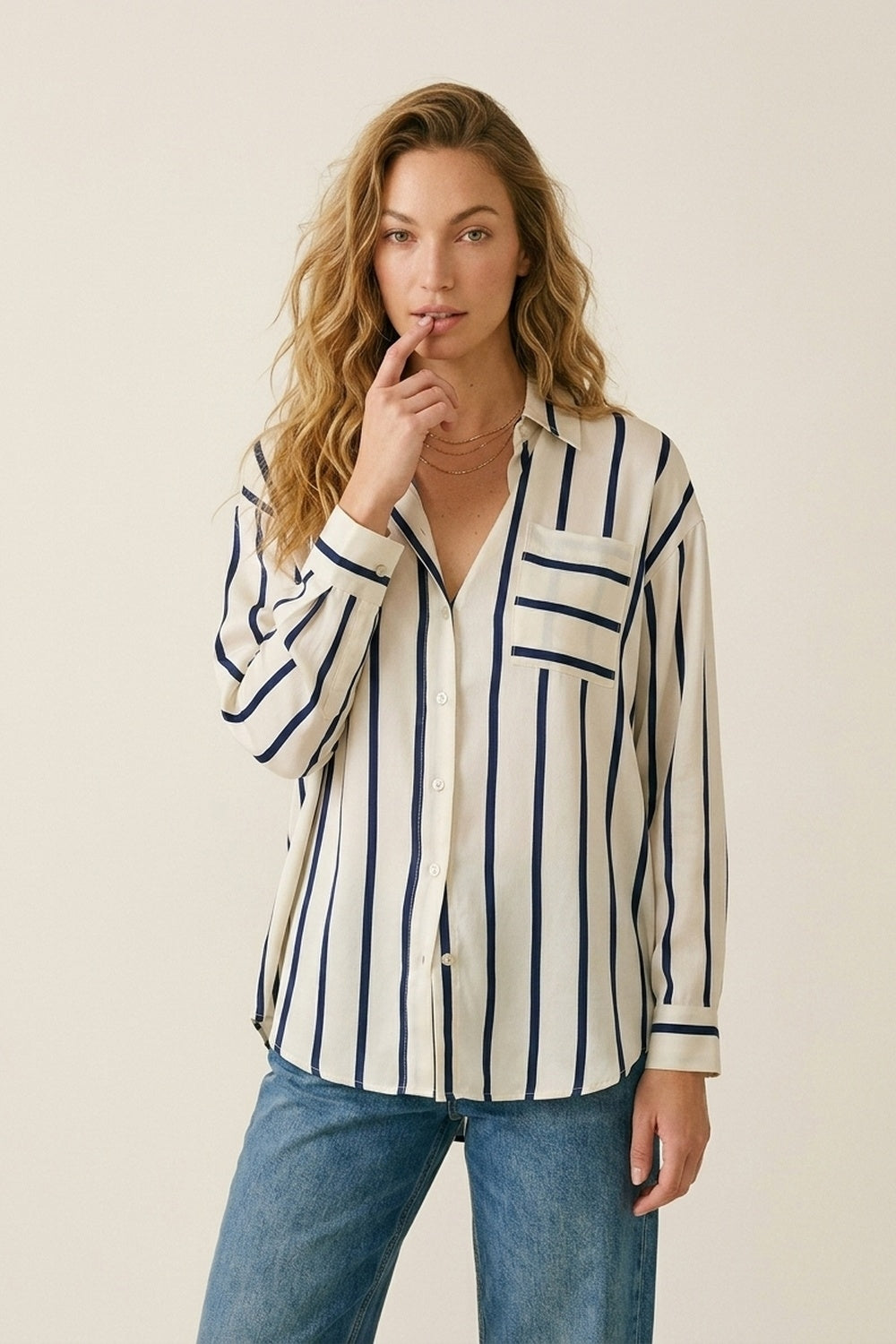Cream Stripe Relaxed Fit Shirt in satin fabric with pocket
