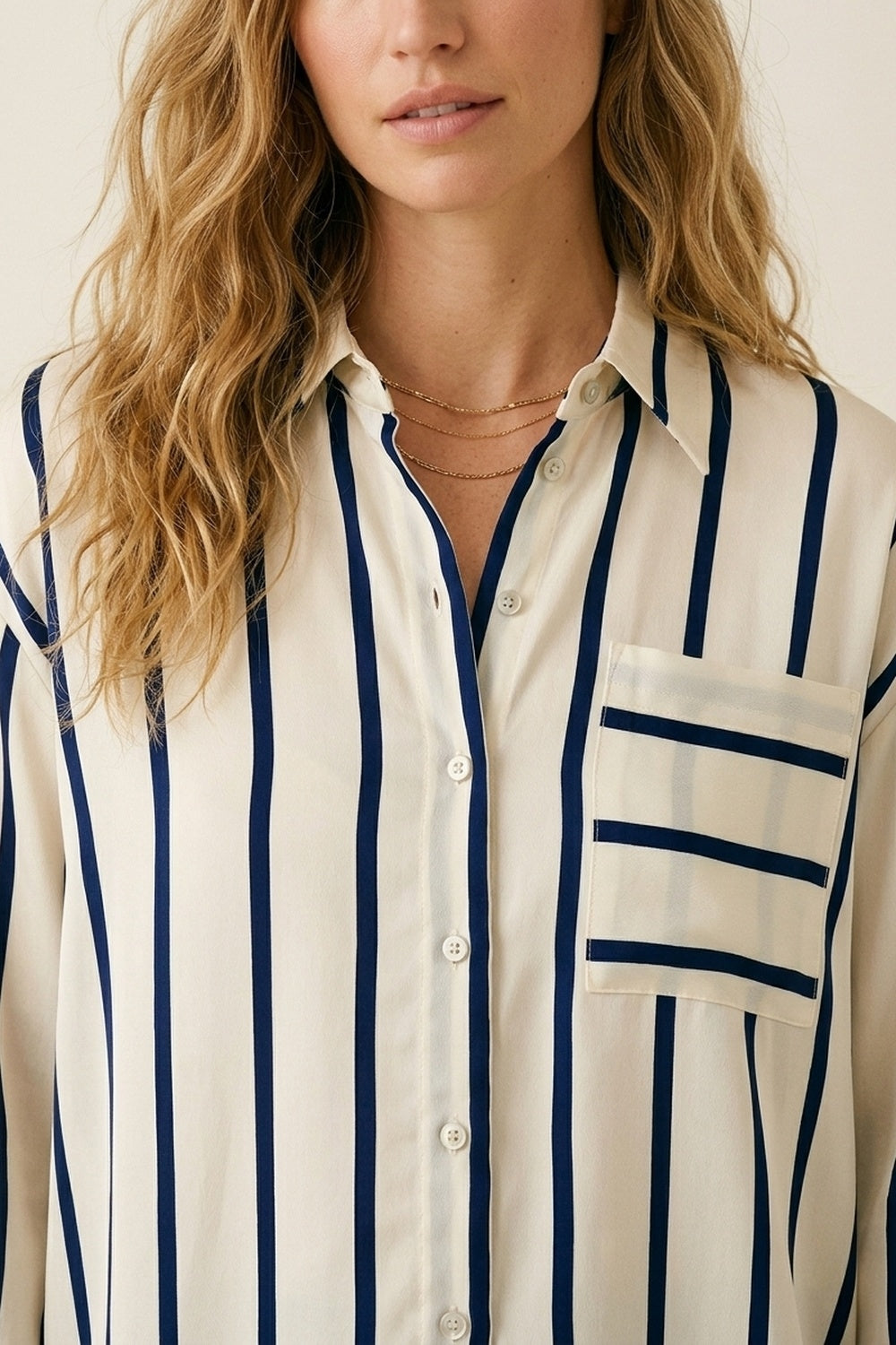 Cream Stripe Relaxed Fit Shirt in satin fabric with pocket