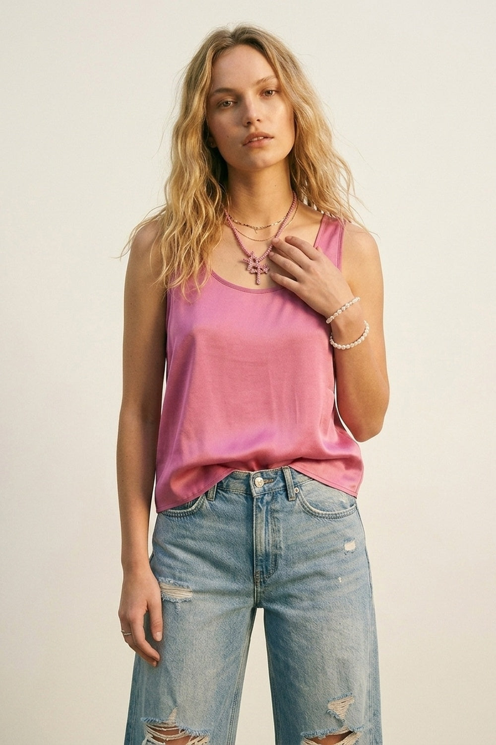 Fuchsia Satin Regular Fit Scoop Neck Sleeveless Tank Top