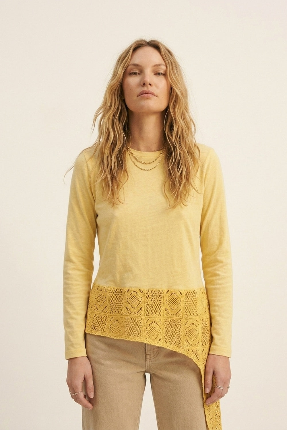 top with crochet Insert and Asymmetrical Hem in Yellow