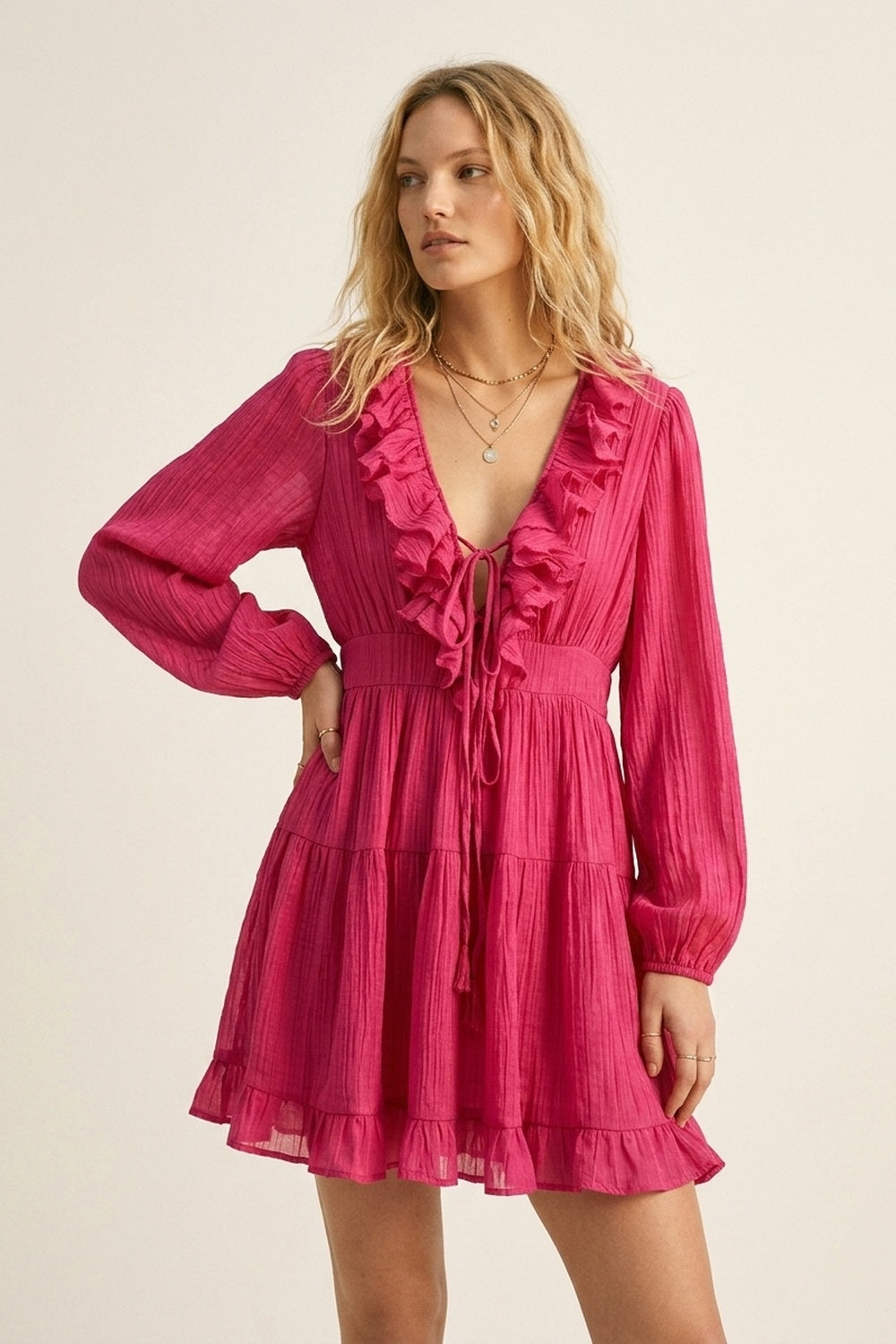 UNIKCOSA Fuschia Crinkle Chiffon Ruffle V-Neck Tie Waist Mini Dress