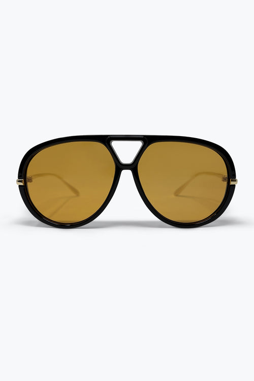 Black Oversize Aviator Frame Gold Trim Amber Lens Sunglasses — view 2 of 3