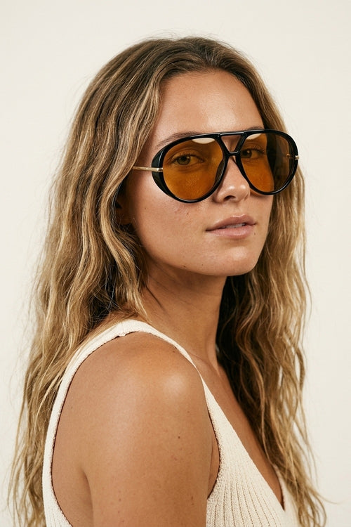 Black Oversize Aviator Frame Gold Trim Amber Lens Sunglasses — view 1 of 3