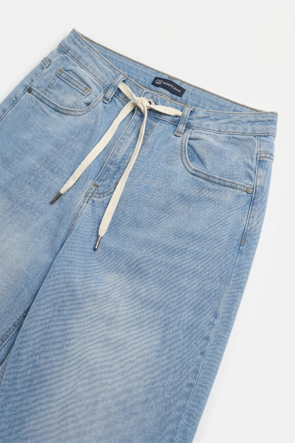 Light Wash Wide-Leg Jeans with Adjustable Drawstring Waist
