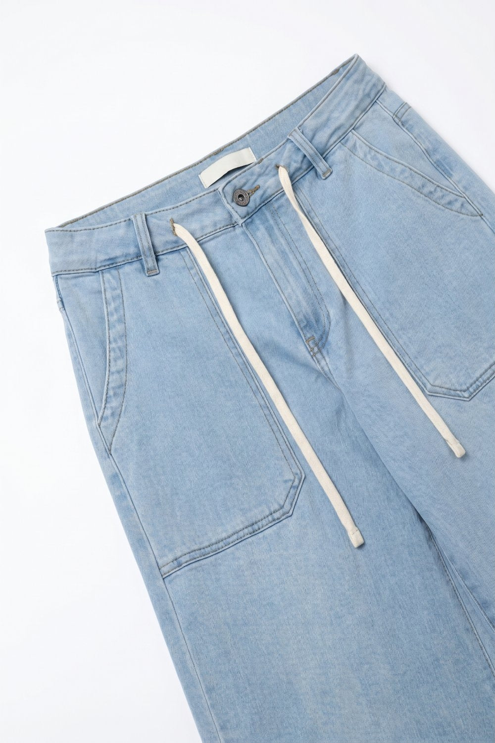 Light Blue Wide-Leg Denim Pants with Drawstring Waist