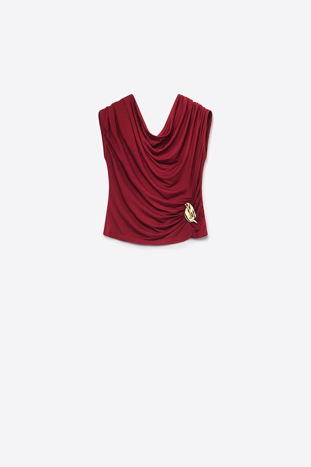 UNIKCOSA Burgundy Lightweight viscose top with Gold Accent and Draped Sleeveless