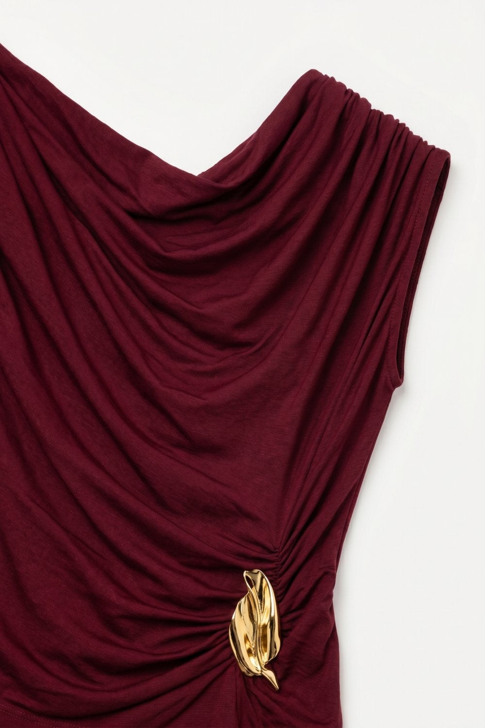 UNIKCOSA Burgundy Lightweight viscose top with Gold Accent and Draped Sleeveless