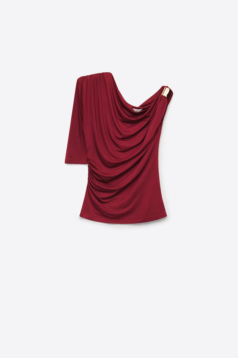 UNIKCOSA Burgundy Stretch Jersey Metal Accent Draped One-Shoulder Top