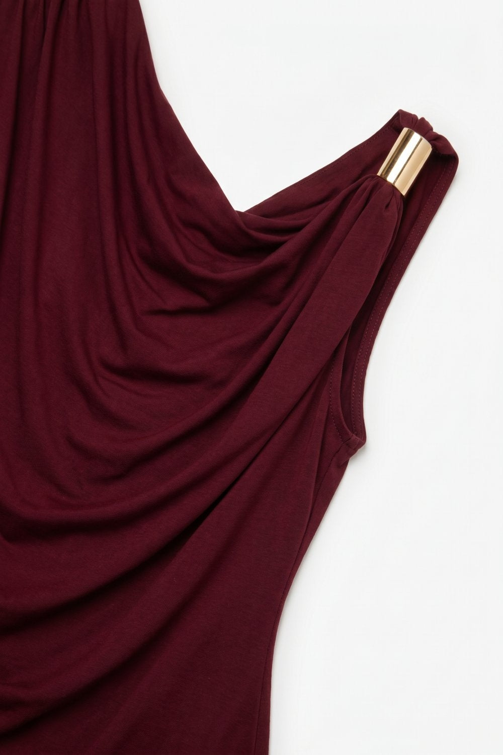 UNIKCOSA Burgundy Stretch Jersey Metal Accent Draped One-Shoulder Top
