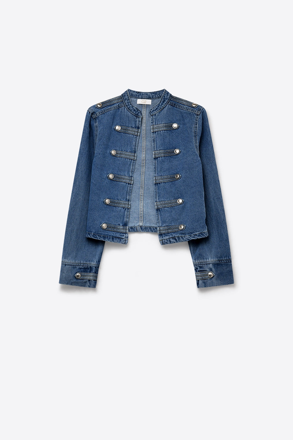 Product view 5 of blue cropped rigid denim military-button jacket