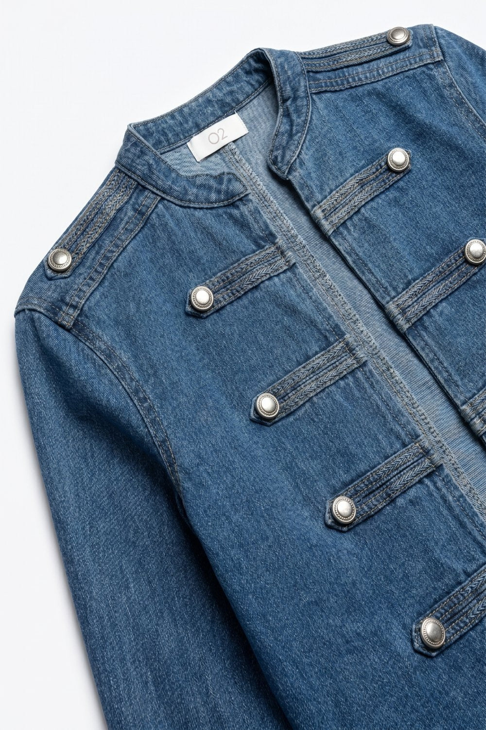 Product view 6 of blue cropped rigid denim military-button jacket