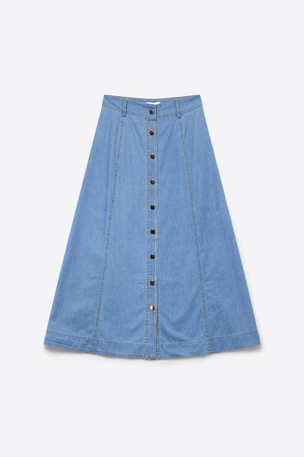 UNIKCOSA light blue button-front denim midi skirt with contrast stitching
