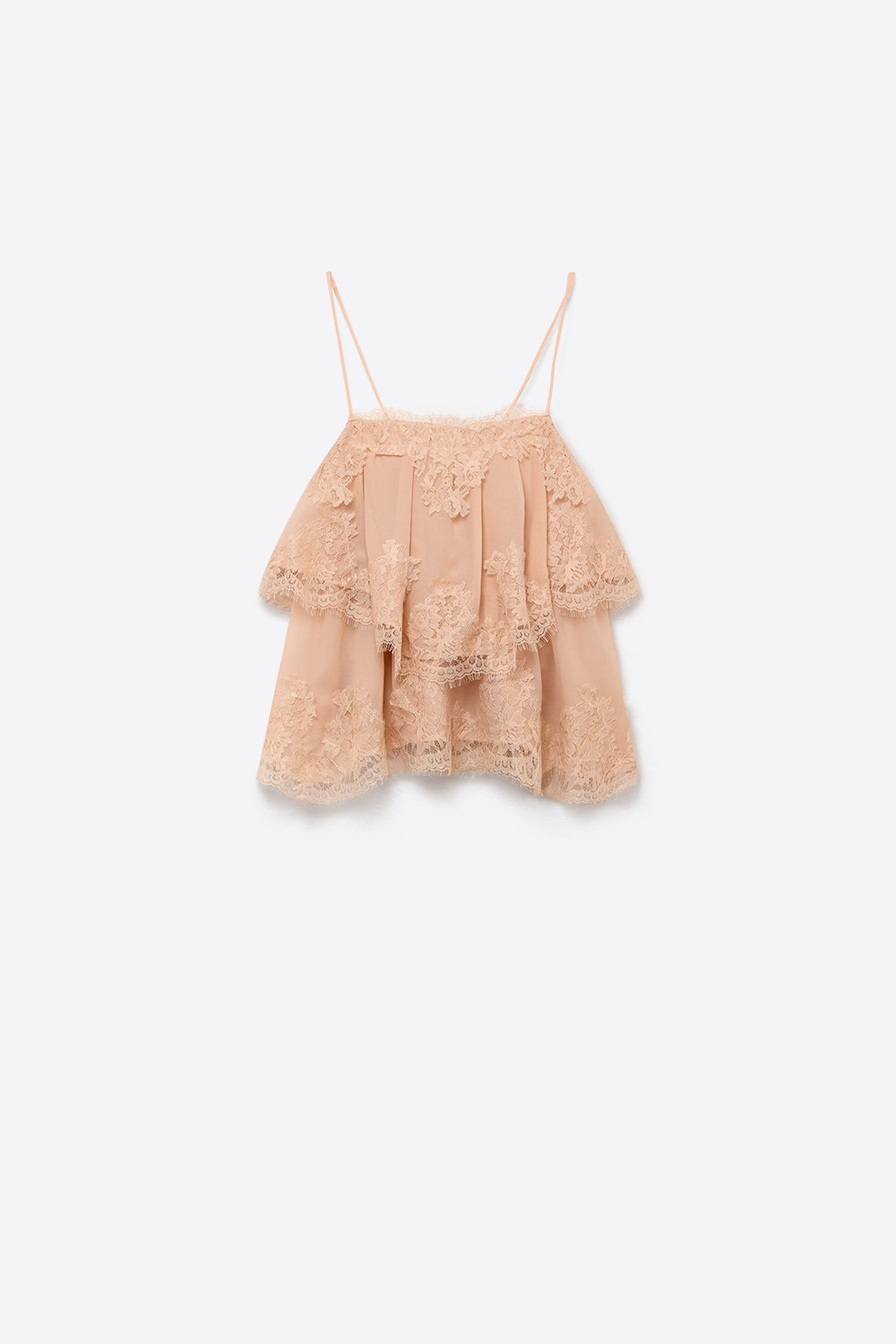 Product view 5 of beige lace chiffon tiered ruffle cami top