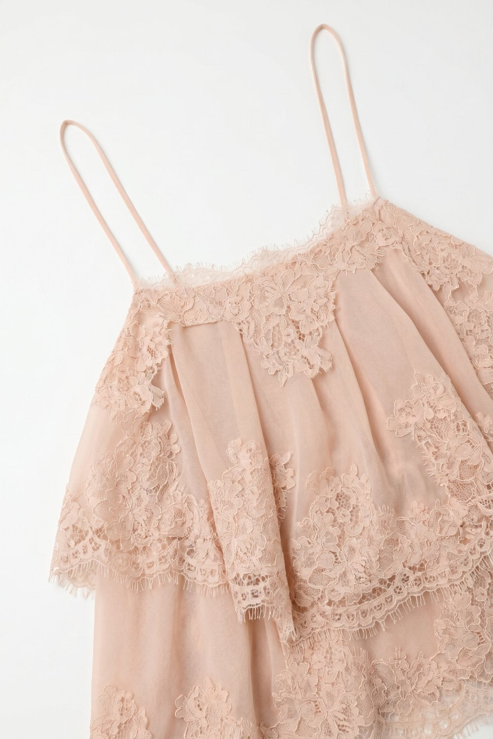 Product view 6 of beige lace chiffon tiered ruffle cami top