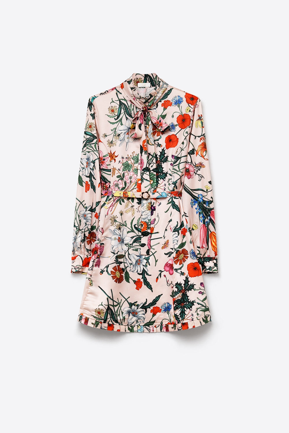 UNIKCOSA Pink Floral Print Satin Tie Neck Belted Mini Dress