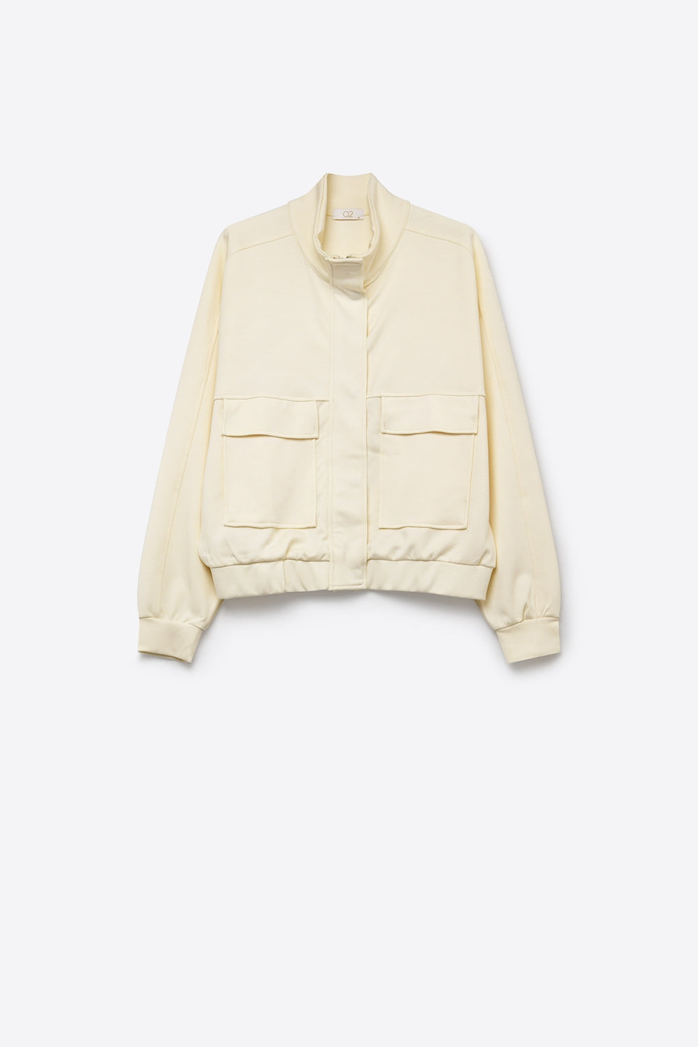 UNIKCOSA Cream viscose High Collar Pocket Front Relaxed Fit Bomber Jacket