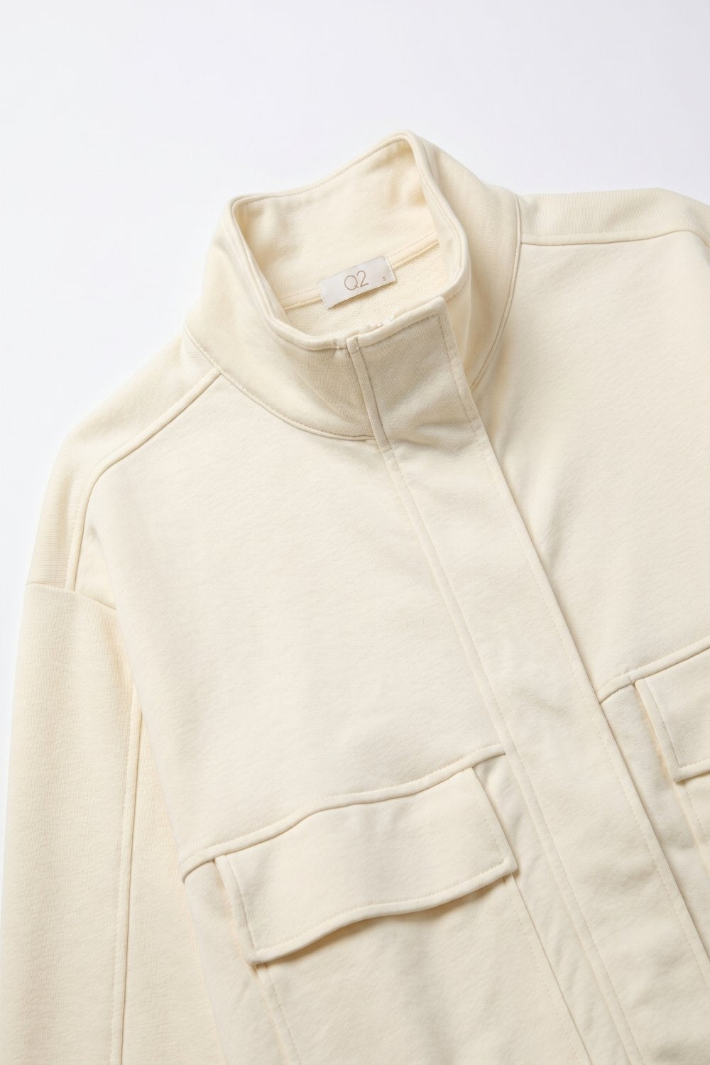 UNIKCOSA Cream viscose High Collar Pocket Front Relaxed Fit Bomber Jacket