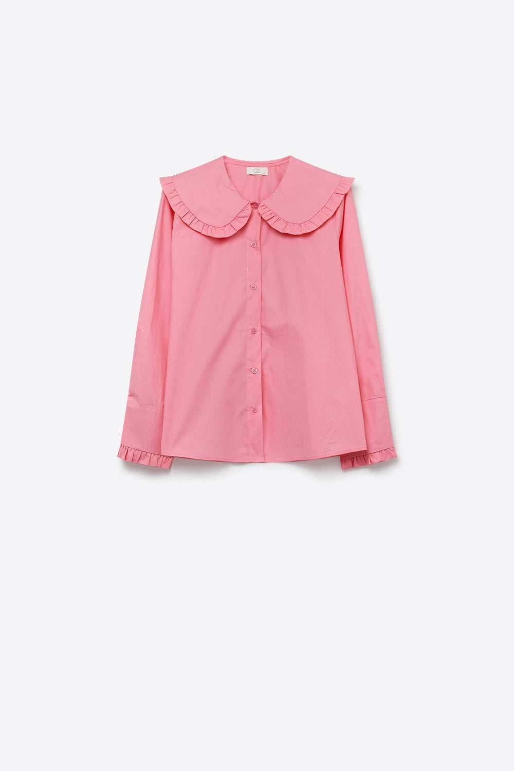 Pink Cotton Poplin Ruffle Prairie Collar Long Sleeve Shirt