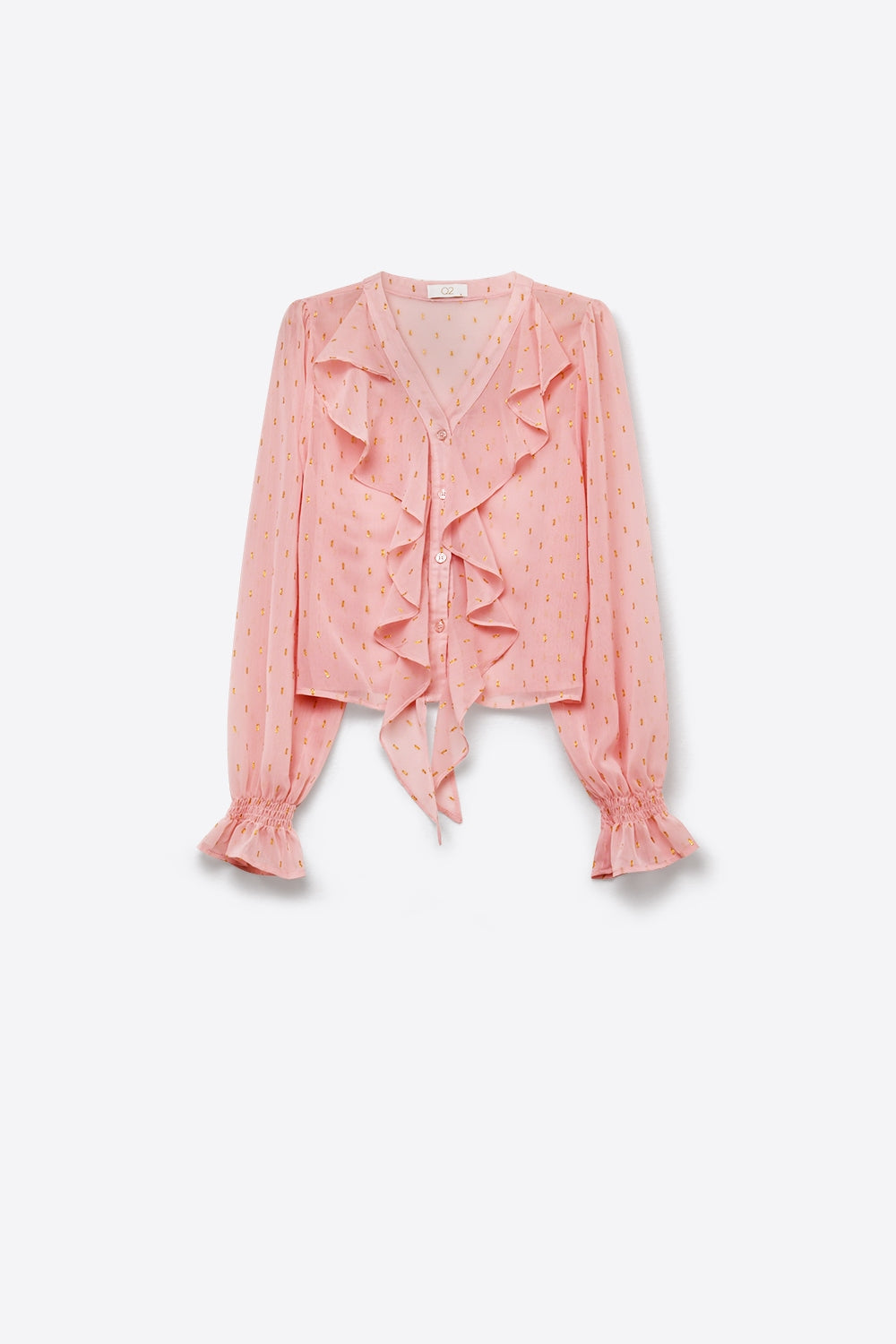 Gold Polka-Dot Chiffon Ruffle Button Blouse in Light Pink
