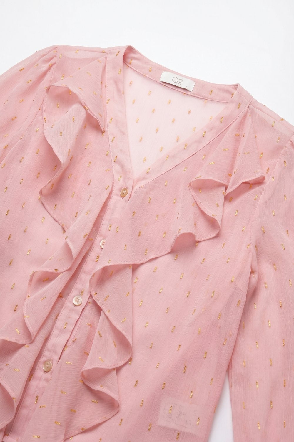 Gold Polka-Dot Chiffon Ruffle Button Blouse in Light Pink