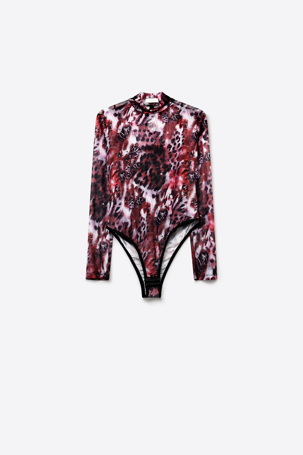 Product view 5 of burgundy animal-print sheer mesh long-sleeve bodysuit