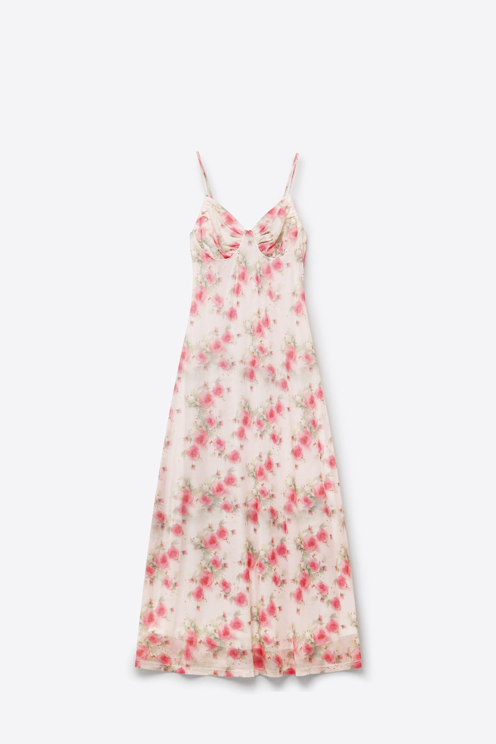 UNIKCOSA Cream Floral Print Ruched Bust Maxi Dress in mesh fabric